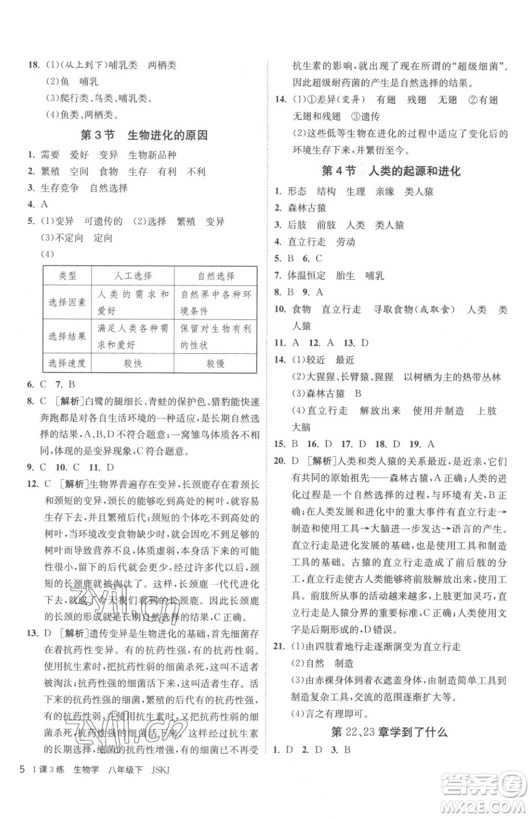 江蘇人民出版社2023春季1課3練單元達(dá)標(biāo)測(cè)試八年級(jí)下冊(cè)生物蘇科版參考答案