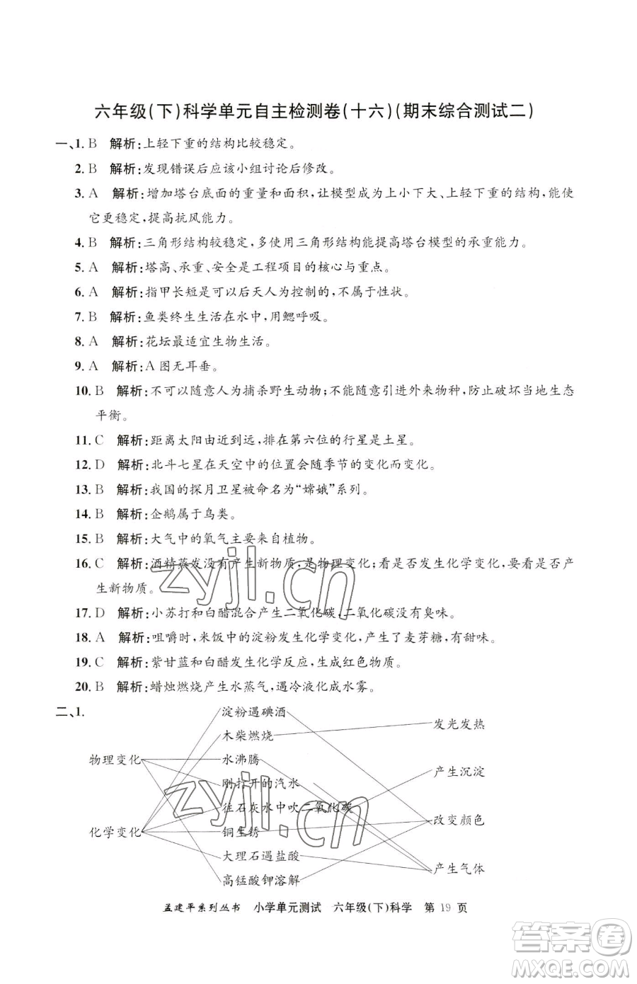 浙江工商大學(xué)出版社2023孟建平小學(xué)單元測(cè)試六年級(jí)下冊(cè)科學(xué)教科版參考答案