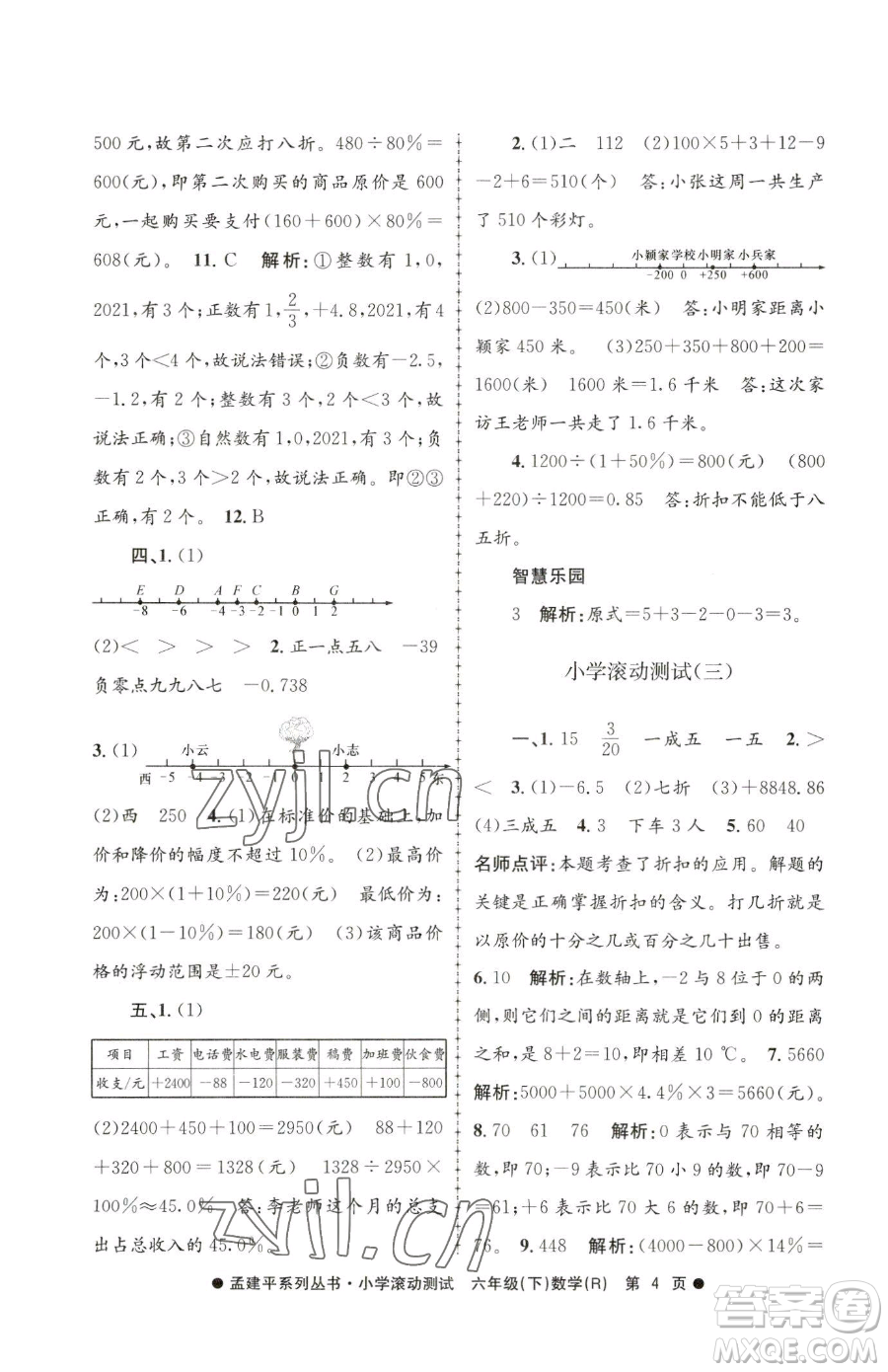 浙江工商大學出版社2023孟建平小學滾動測試六年級下冊數(shù)學人教版參考答案