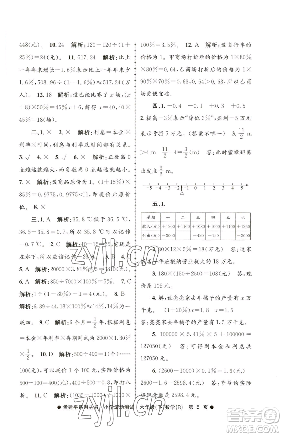 浙江工商大學出版社2023孟建平小學滾動測試六年級下冊數(shù)學人教版參考答案