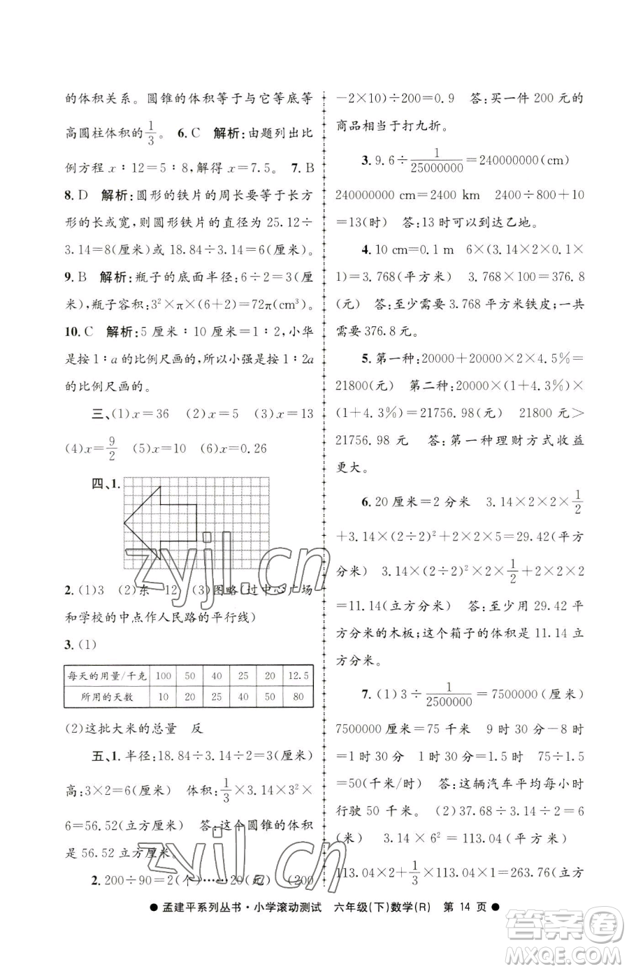 浙江工商大學出版社2023孟建平小學滾動測試六年級下冊數(shù)學人教版參考答案