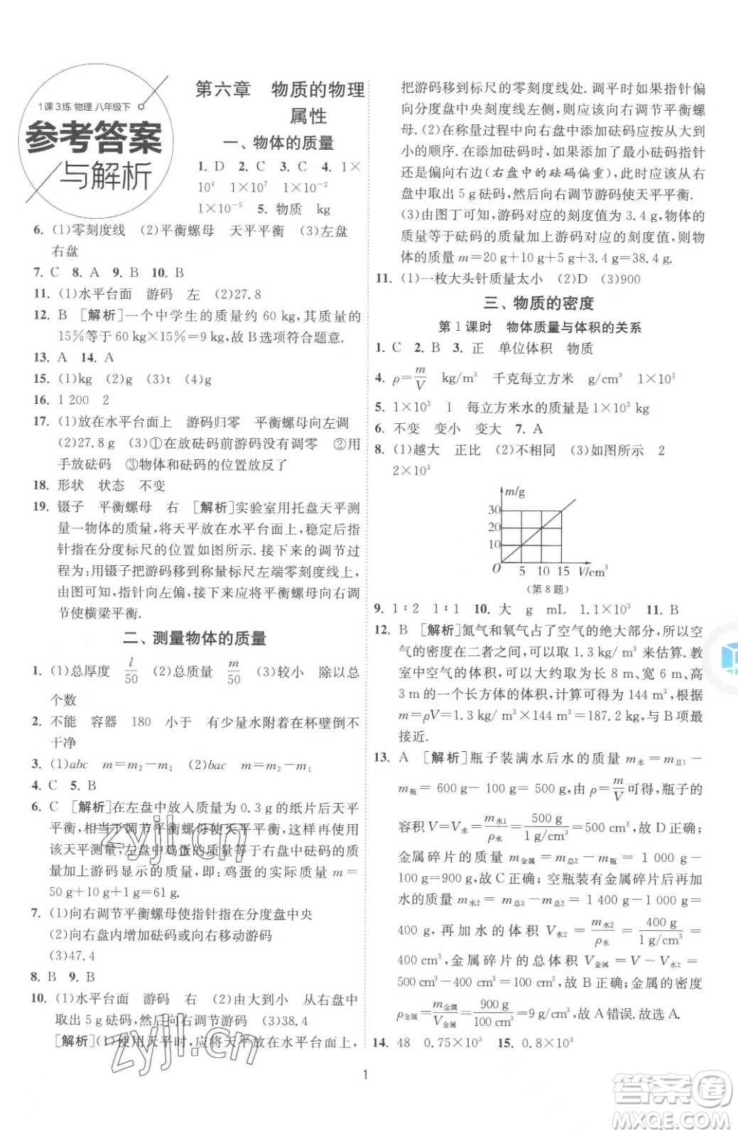 江蘇人民出版社2023春季1課3練單元達標測試八年級下冊物理蘇科版參考答案