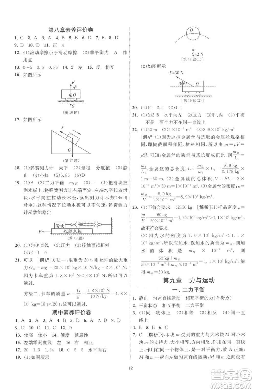 江蘇人民出版社2023春季1課3練單元達標測試八年級下冊物理蘇科版參考答案