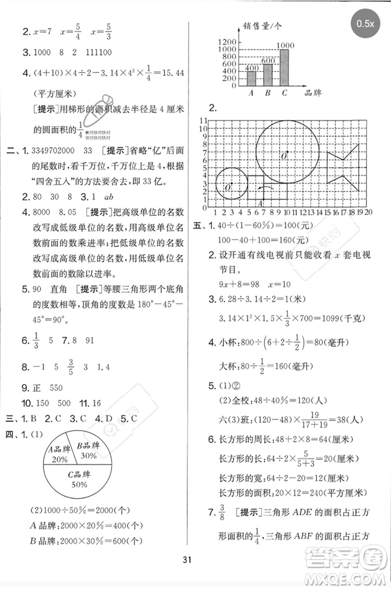 吉林教育出版社2023春實驗班提優(yōu)大考卷六年級數(shù)學下冊蘇教版參考答案