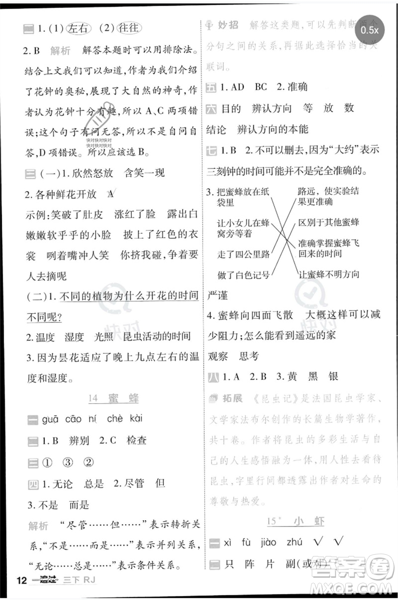 南京師范大學(xué)出版社2023一遍過三年級語文下冊人教版參考答案