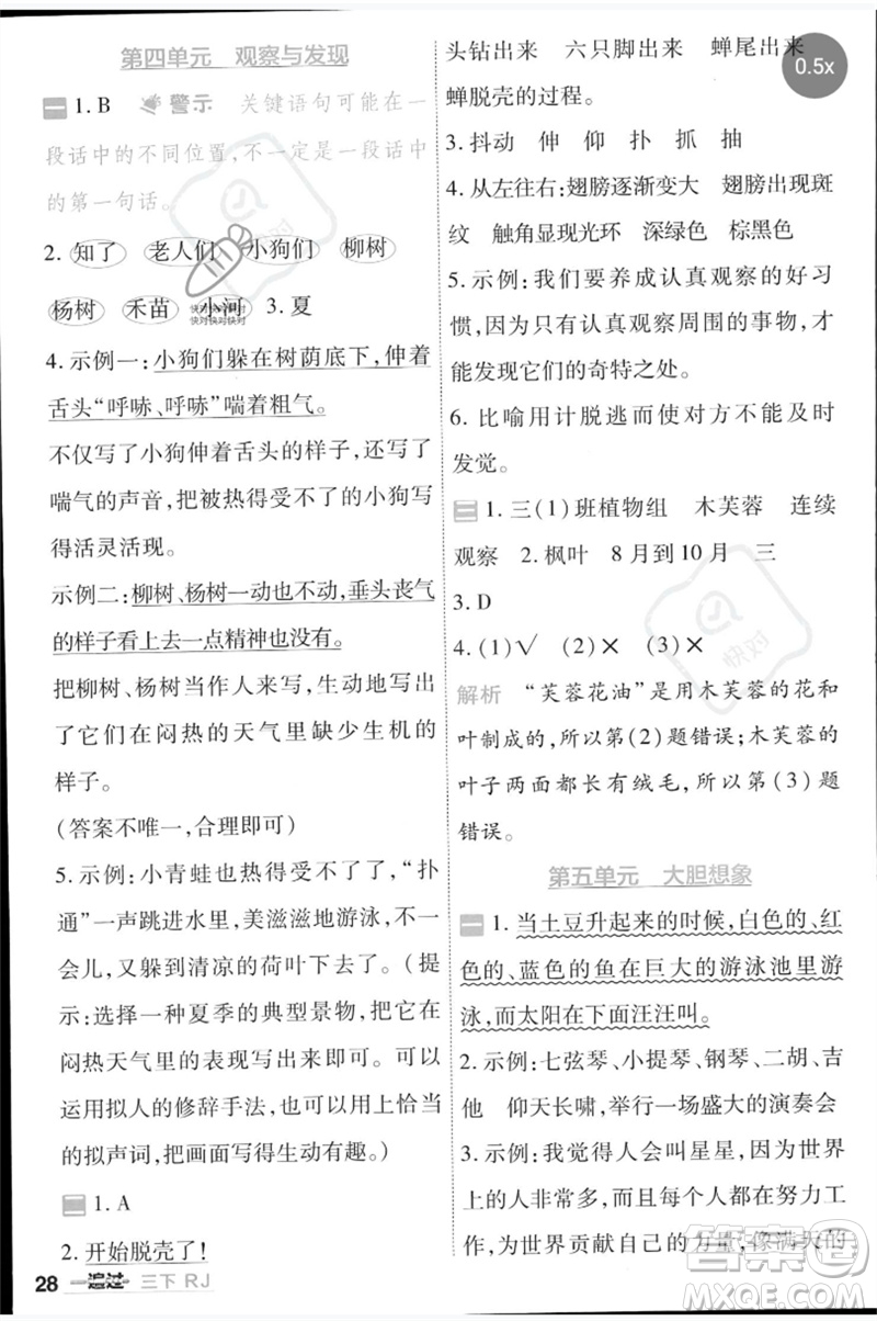 南京師范大學(xué)出版社2023一遍過三年級語文下冊人教版參考答案