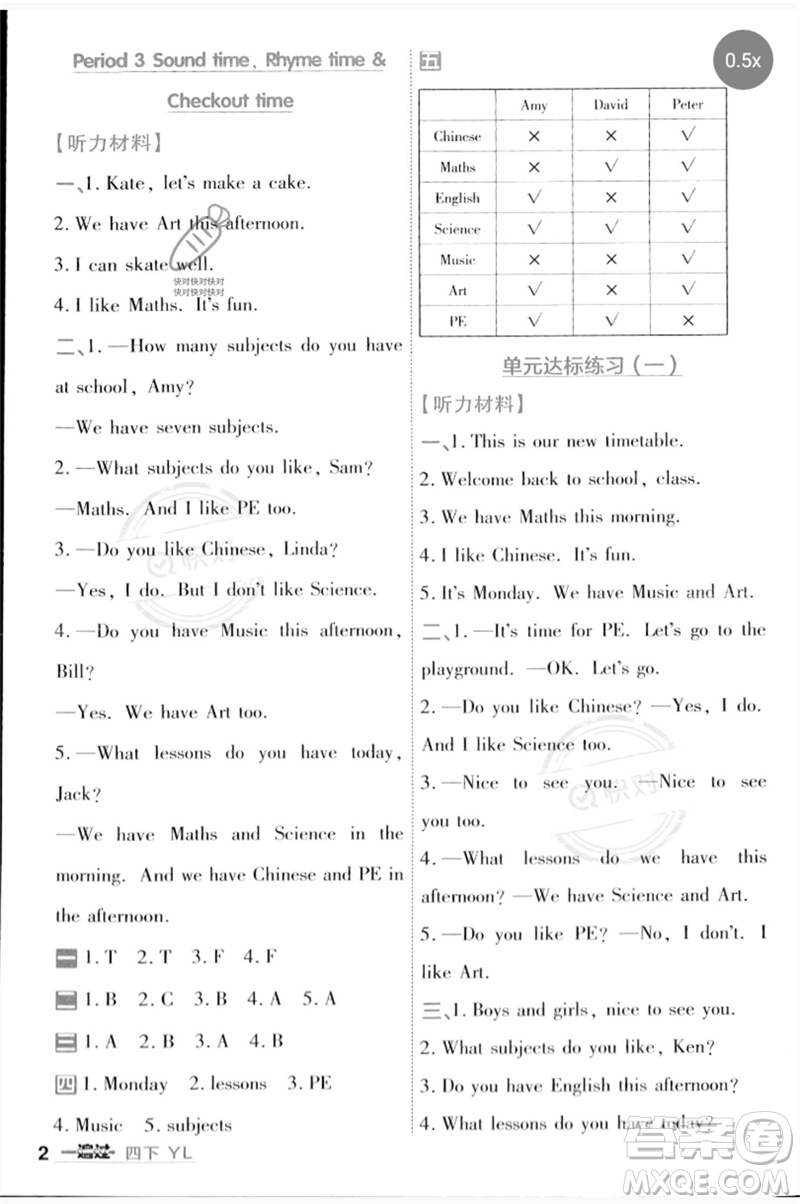 延邊教育出版社2023一遍過四年級(jí)英語下冊(cè)三起點(diǎn)譯林版參考答案