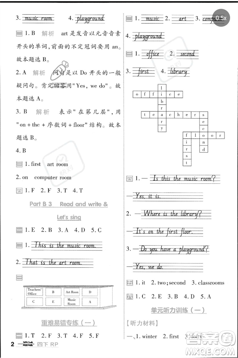 南京師范大學(xué)出版社2023一遍過(guò)四年級(jí)英語(yǔ)下冊(cè)三起點(diǎn)人教PEP版參考答案