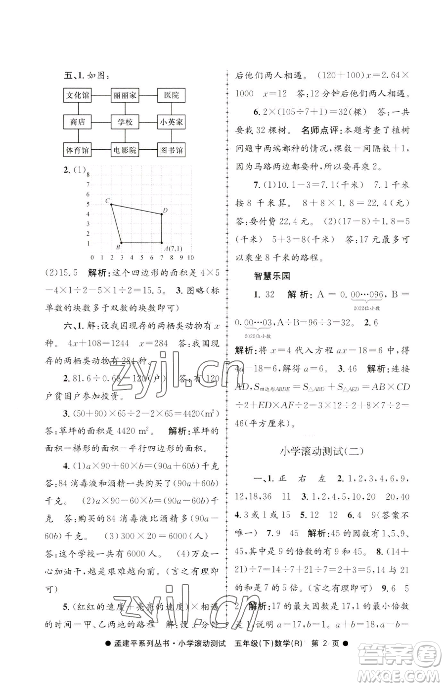 浙江工商大學(xué)出版社2023孟建平小學(xué)滾動測試五年級下冊數(shù)學(xué)人教版參考答案