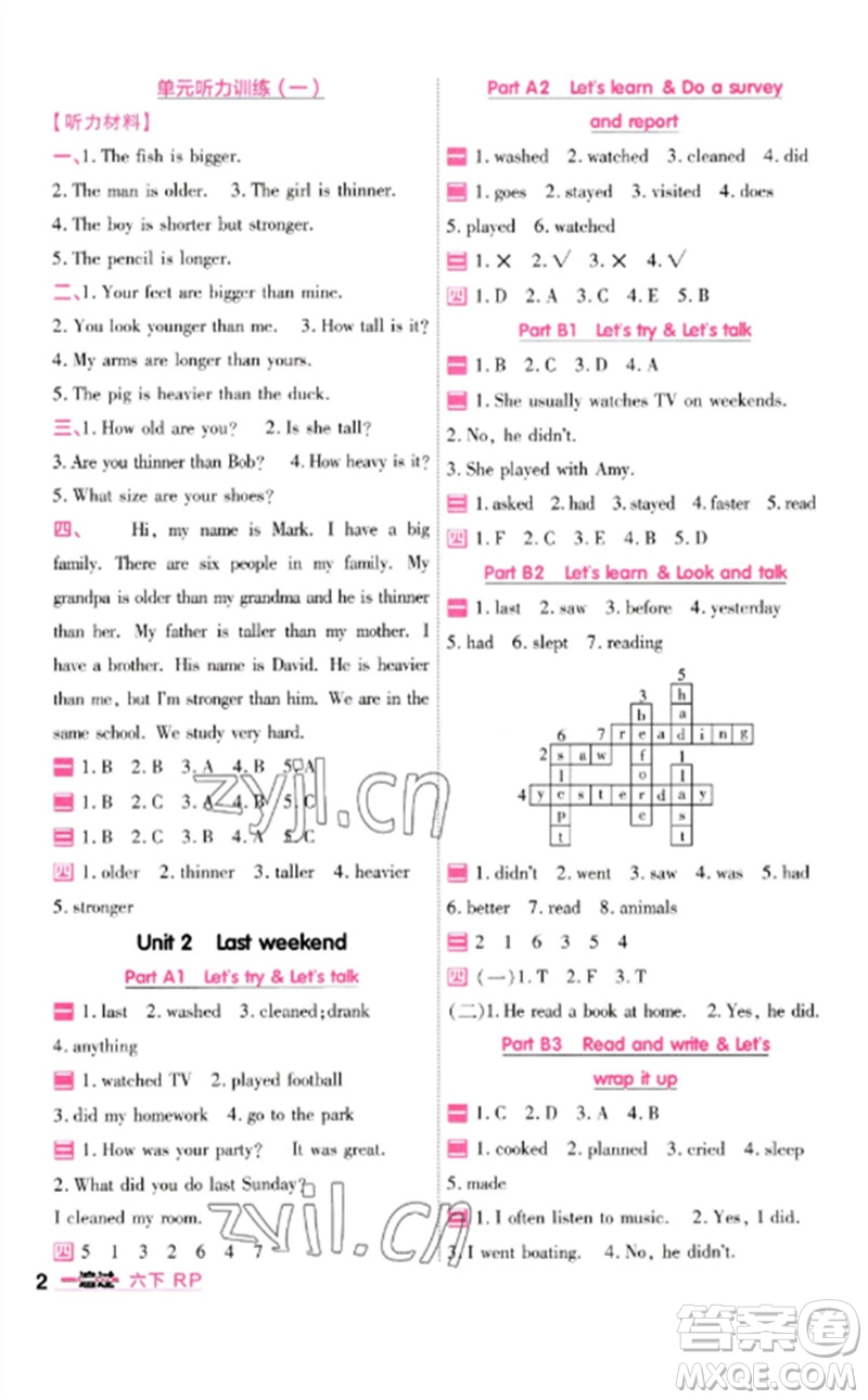 南京師范大學(xué)出版社2023一遍過六年級英語下冊三起點(diǎn)人教PEP版參考答案