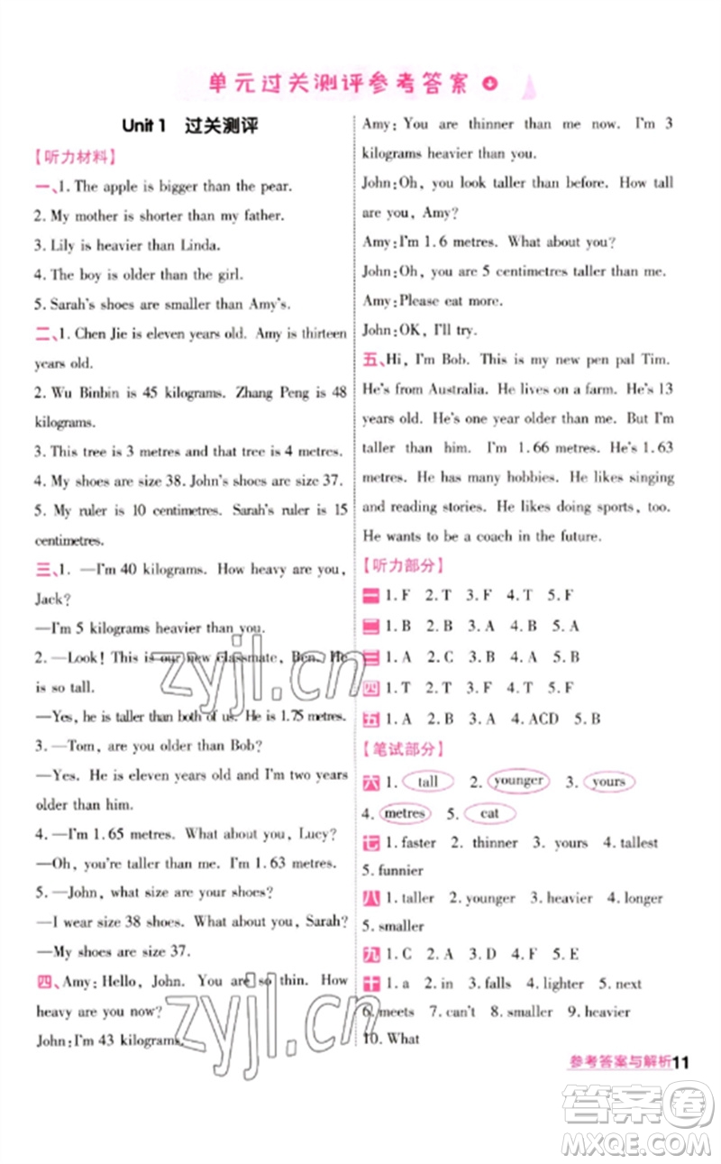 南京師范大學(xué)出版社2023一遍過六年級英語下冊三起點(diǎn)人教PEP版參考答案