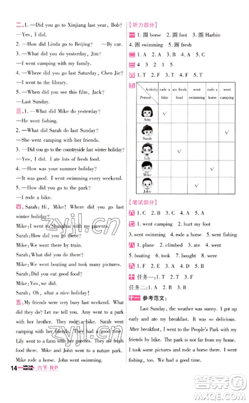 南京師范大學(xué)出版社2023一遍過六年級英語下冊三起點(diǎn)人教PEP版參考答案