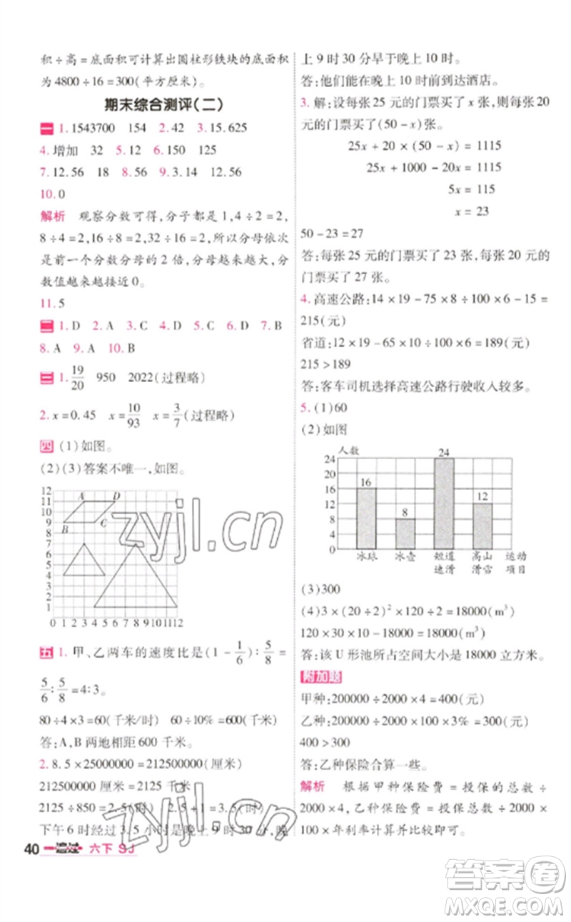 南京師范大學(xué)出版社2023一遍過六年級(jí)數(shù)學(xué)下冊(cè)蘇教版參考答案