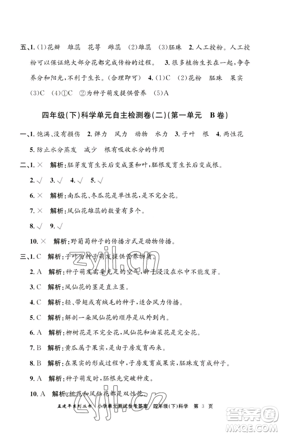 浙江工商大學(xué)出版社2023孟建平小學(xué)單元測試四年級下冊科學(xué)教科版參考答案