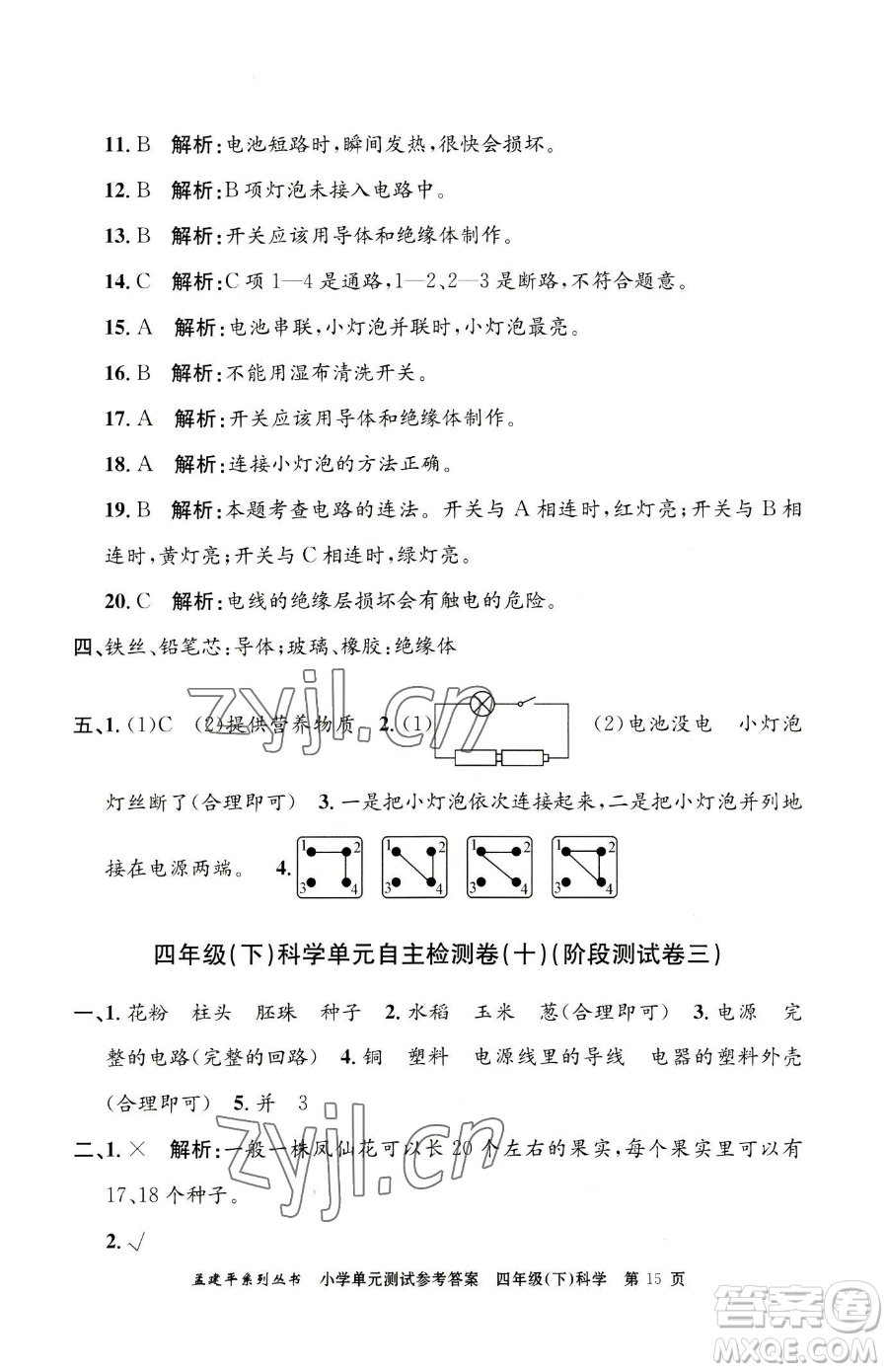 浙江工商大學(xué)出版社2023孟建平小學(xué)單元測試四年級下冊科學(xué)教科版參考答案