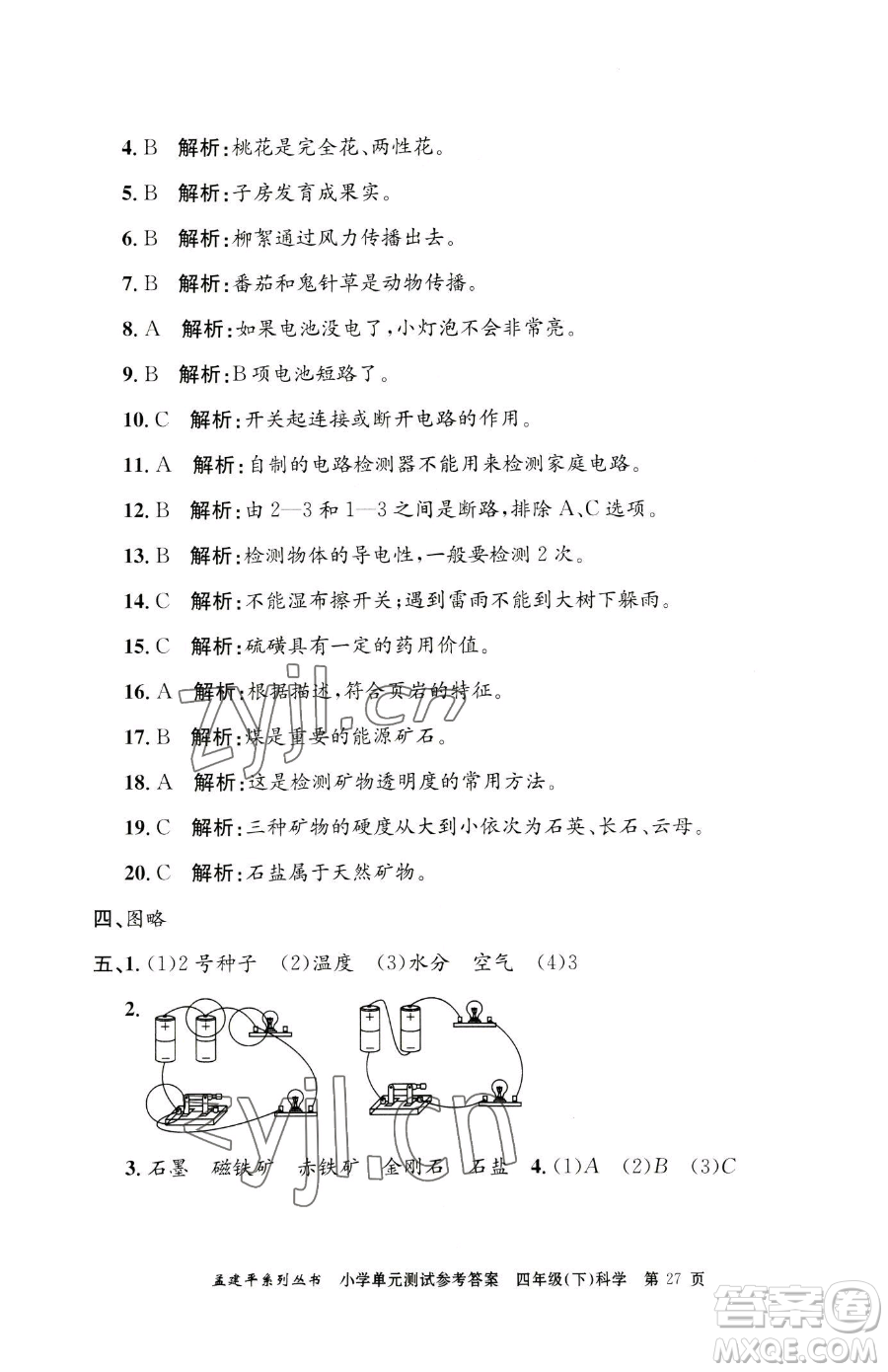 浙江工商大學(xué)出版社2023孟建平小學(xué)單元測試四年級下冊科學(xué)教科版參考答案