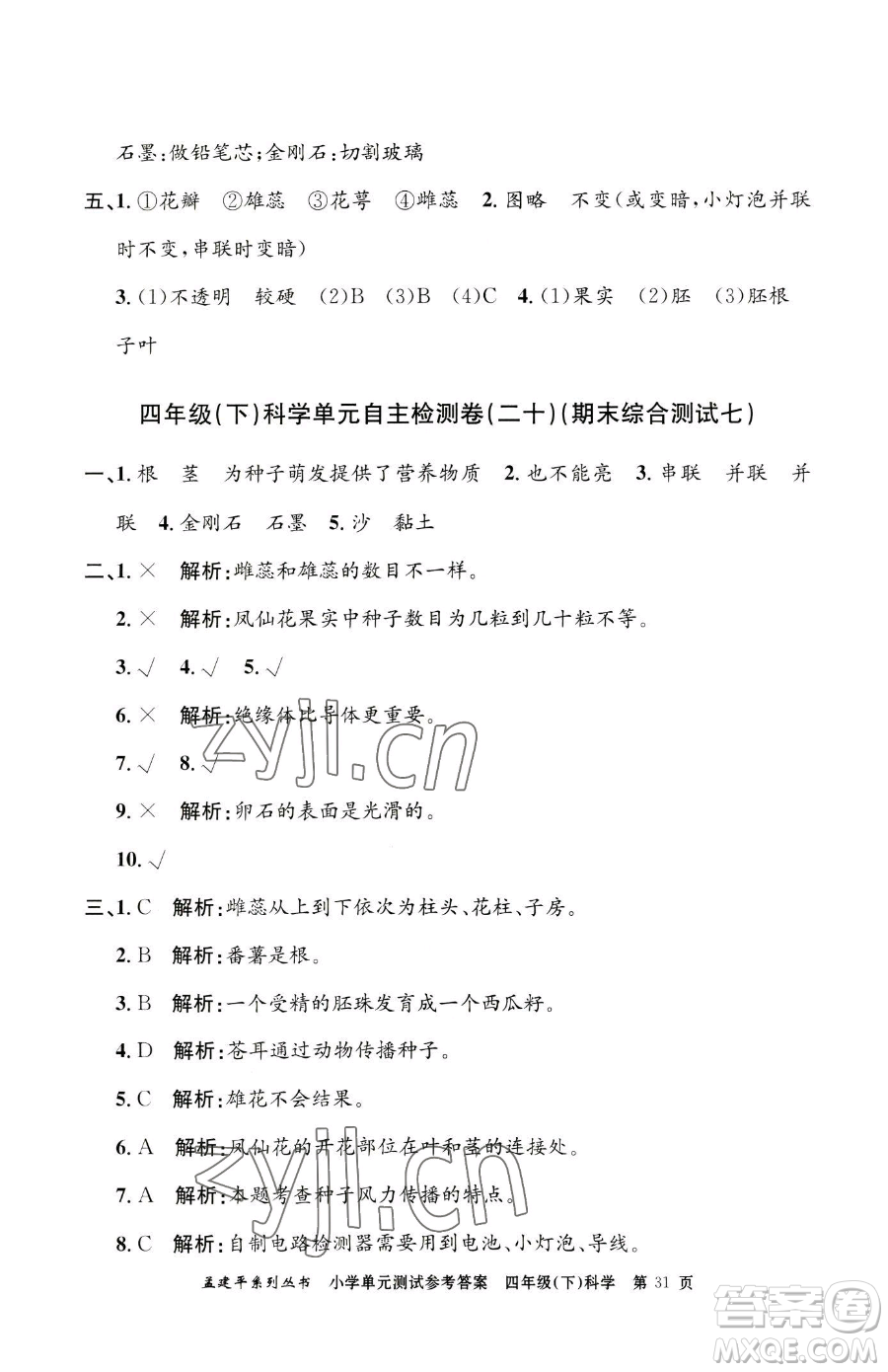 浙江工商大學(xué)出版社2023孟建平小學(xué)單元測試四年級下冊科學(xué)教科版參考答案