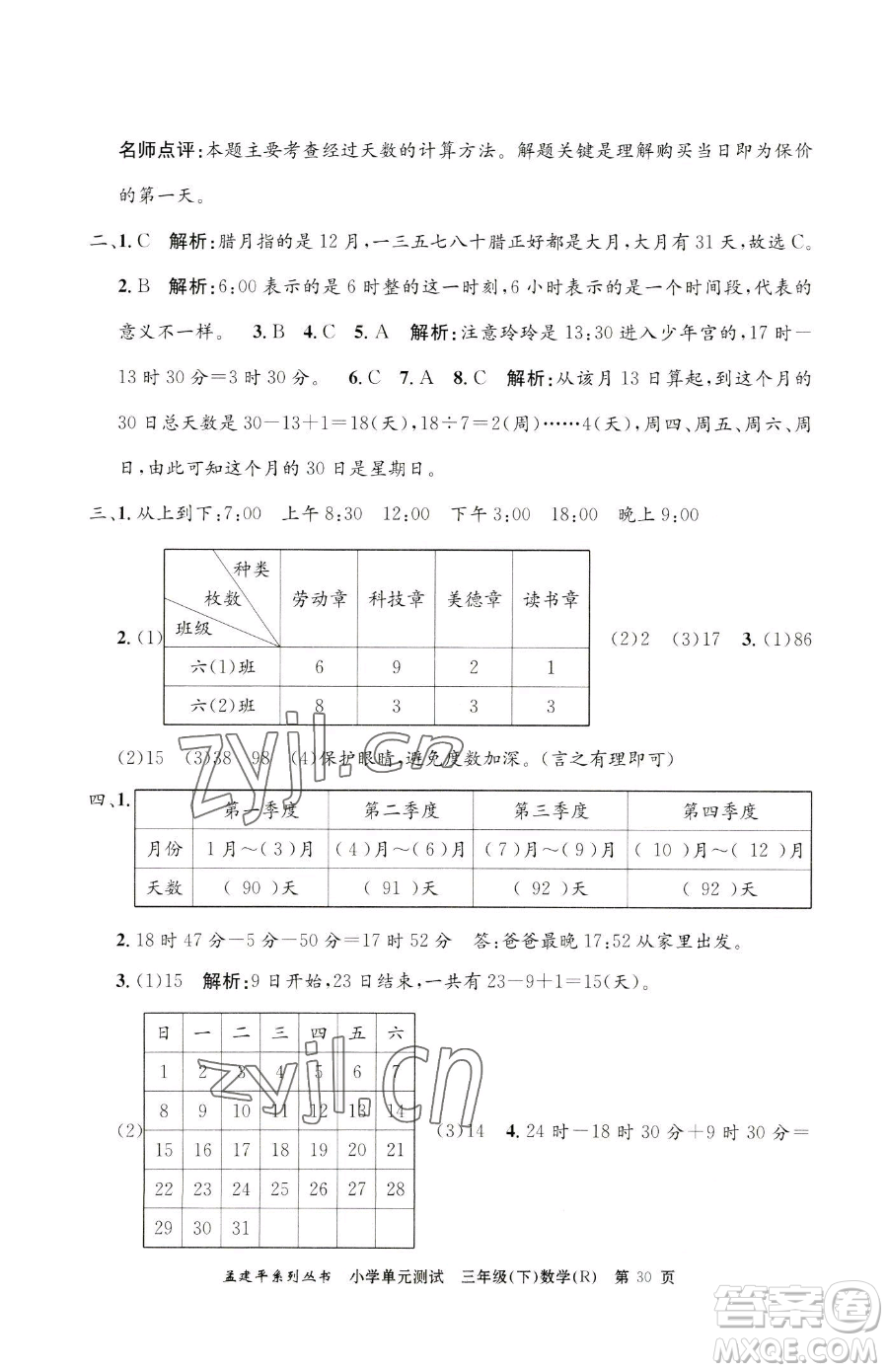 浙江工商大學(xué)出版社2023孟建平小學(xué)單元測試三年級下冊數(shù)學(xué)人教版參考答案