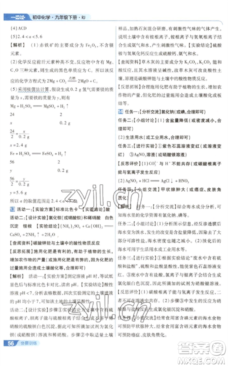 南京師范大學(xué)出版社2023一遍過九年級(jí)化學(xué)下冊(cè)人教版參考答案