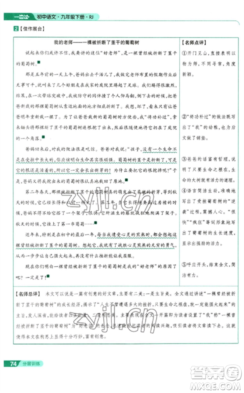 南京師范大學(xué)出版社2023一遍過九年級語文下冊人教版參考答案