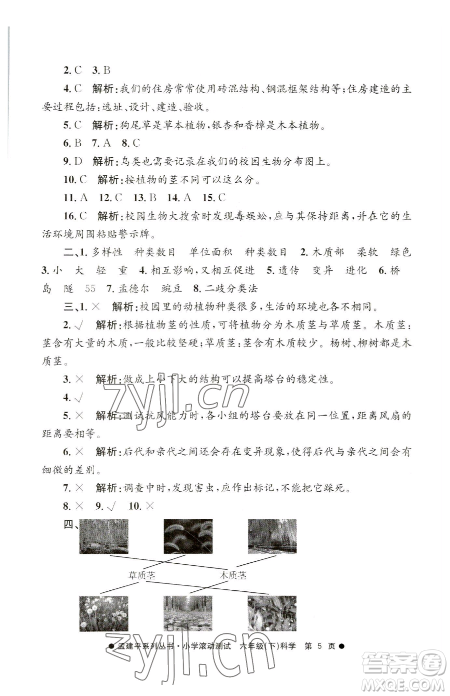 浙江工商大學(xué)出版社2023孟建平小學(xué)滾動(dòng)測(cè)試六年級(jí)下冊(cè)科學(xué)教科版參考答案