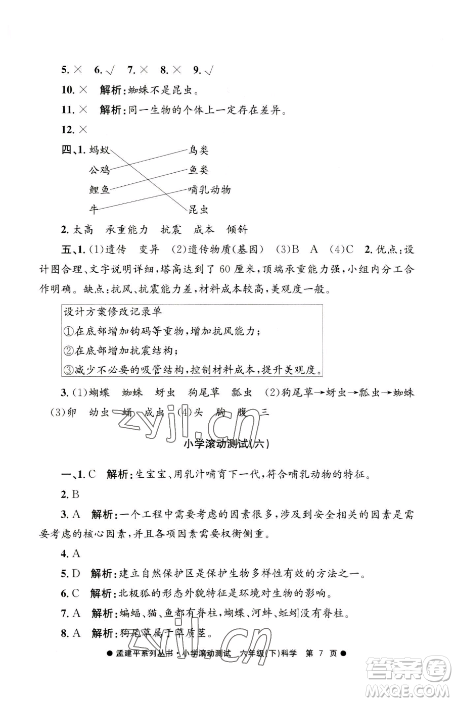 浙江工商大學(xué)出版社2023孟建平小學(xué)滾動(dòng)測(cè)試六年級(jí)下冊(cè)科學(xué)教科版參考答案