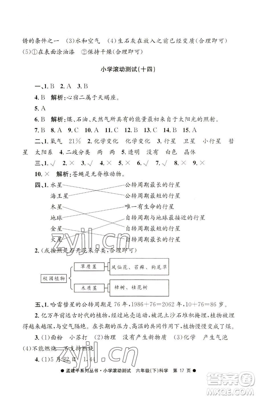 浙江工商大學(xué)出版社2023孟建平小學(xué)滾動(dòng)測(cè)試六年級(jí)下冊(cè)科學(xué)教科版參考答案