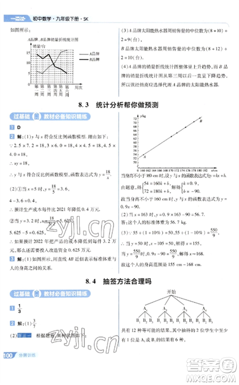 南京師范大學出版社2023一遍過九年級數(shù)學下冊蘇科版參考答案