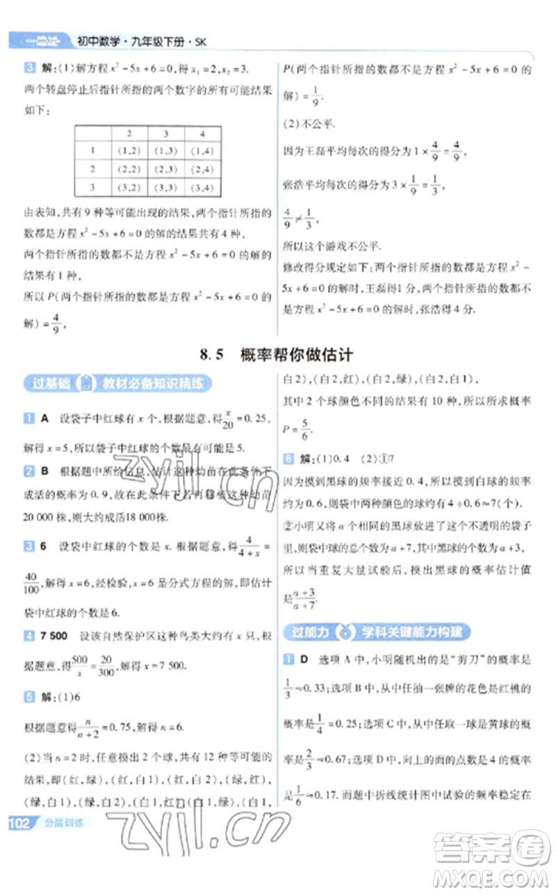 南京師范大學出版社2023一遍過九年級數(shù)學下冊蘇科版參考答案