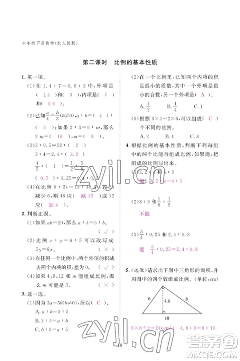 江西教育出版社2023年芝麻開花課堂作業(yè)本六年級數(shù)學(xué)下冊人教版參考答案