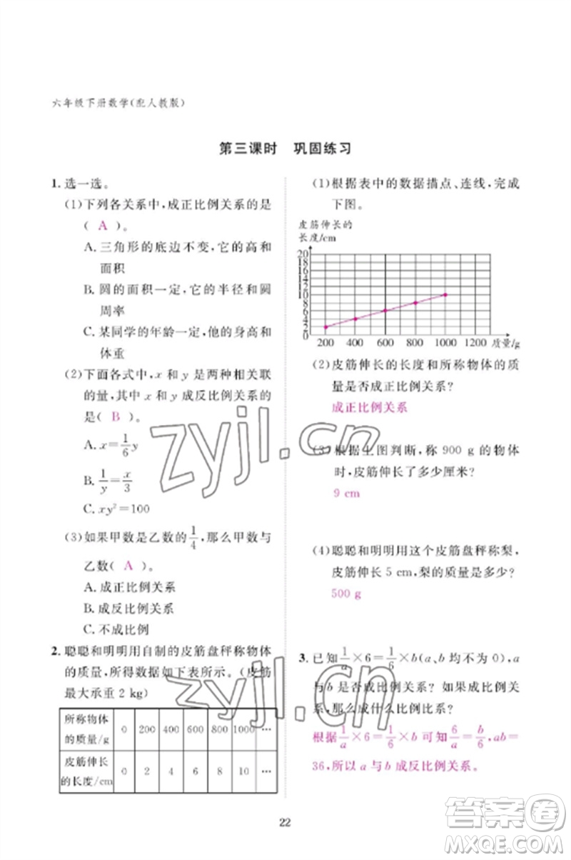 江西教育出版社2023年芝麻開花課堂作業(yè)本六年級數(shù)學(xué)下冊人教版參考答案