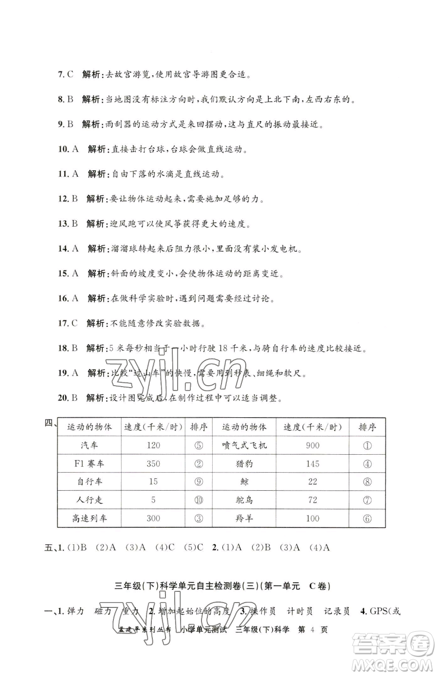 浙江工商大學(xué)出版社2023孟建平小學(xué)單元測試三年級下冊科學(xué)教科版參考答案