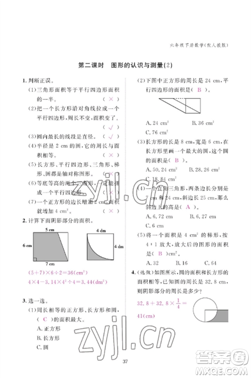 江西教育出版社2023年芝麻開花課堂作業(yè)本六年級數(shù)學(xué)下冊人教版參考答案