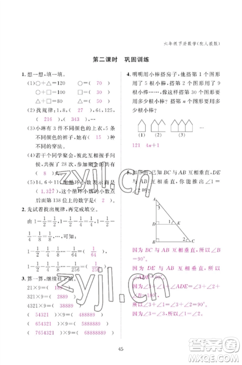 江西教育出版社2023年芝麻開花課堂作業(yè)本六年級數(shù)學(xué)下冊人教版參考答案