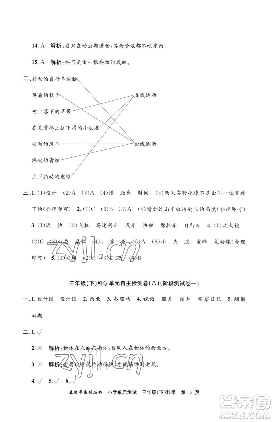 浙江工商大學(xué)出版社2023孟建平小學(xué)單元測試三年級下冊科學(xué)教科版參考答案