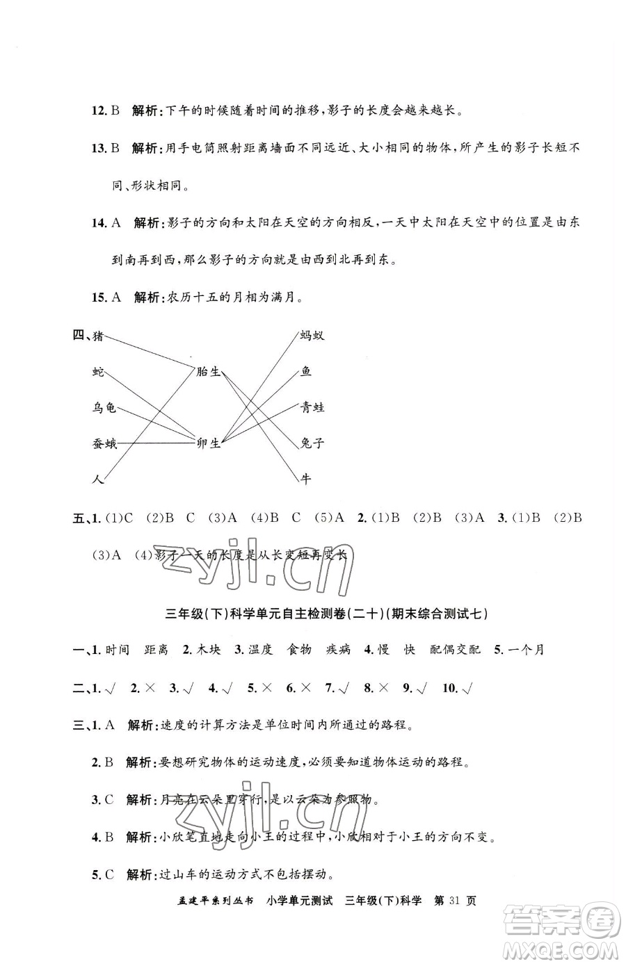 浙江工商大學(xué)出版社2023孟建平小學(xué)單元測試三年級下冊科學(xué)教科版參考答案