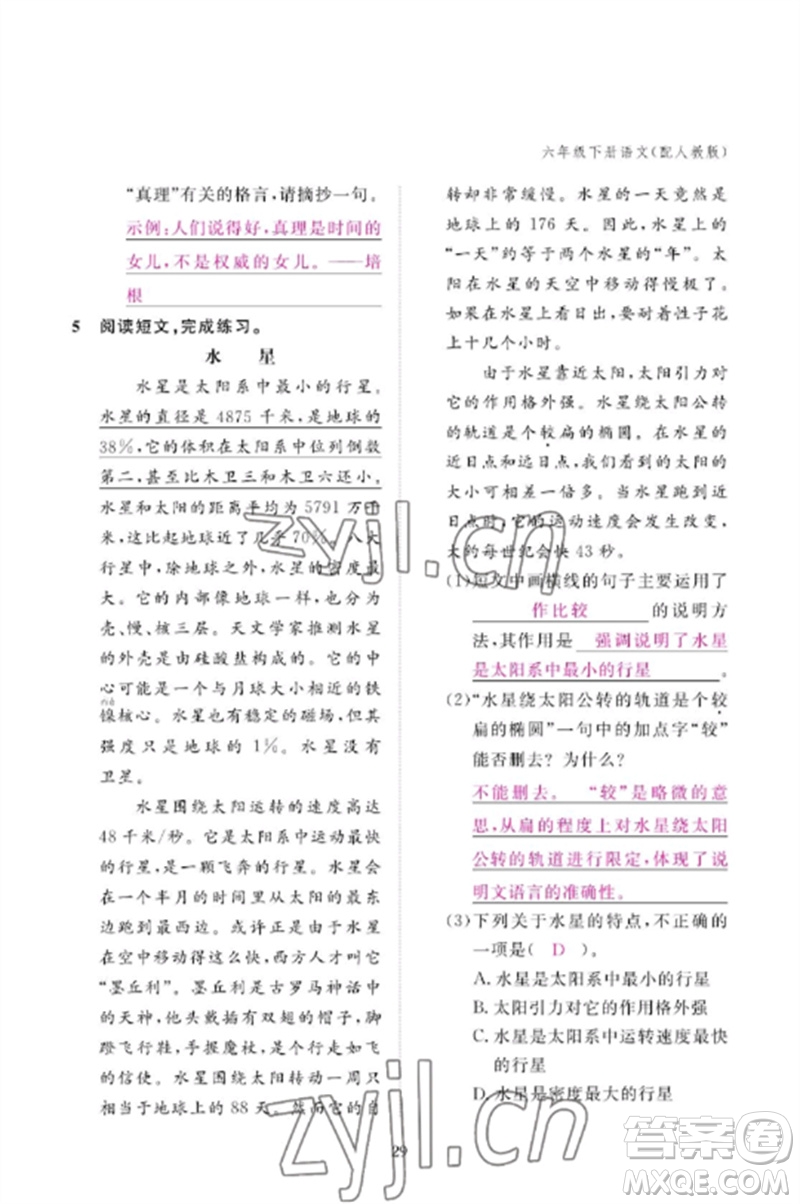 江西教育出版社2023年芝麻開(kāi)花課堂作業(yè)本六年級(jí)語(yǔ)文下冊(cè)人教版參考答案