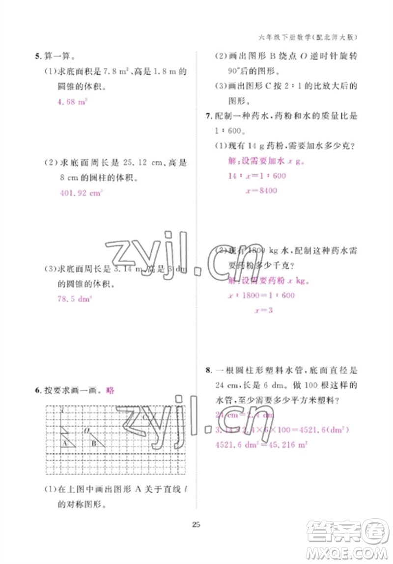 江西教育出版社2023年芝麻開花課堂作業(yè)本六年級數(shù)學下冊北師大版參考答案