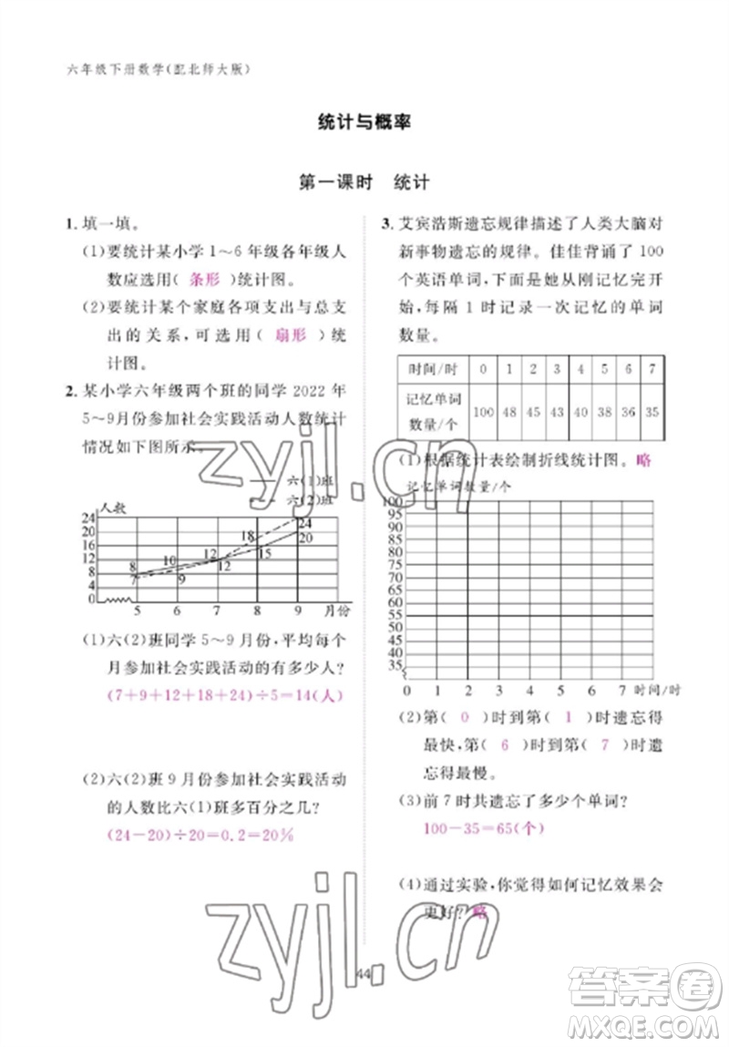 江西教育出版社2023年芝麻開花課堂作業(yè)本六年級數(shù)學下冊北師大版參考答案