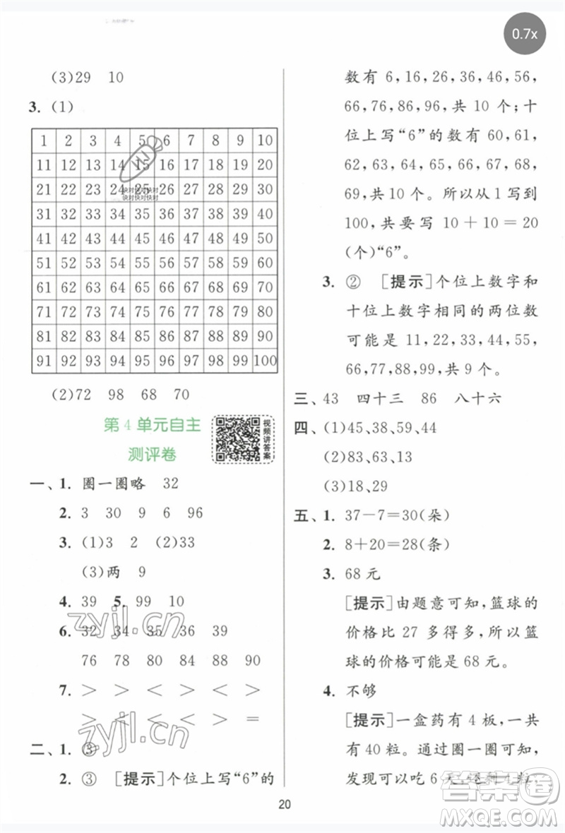 江蘇人民出版社2023實(shí)驗(yàn)班提優(yōu)訓(xùn)練一年級數(shù)學(xué)下冊人教版參考答案