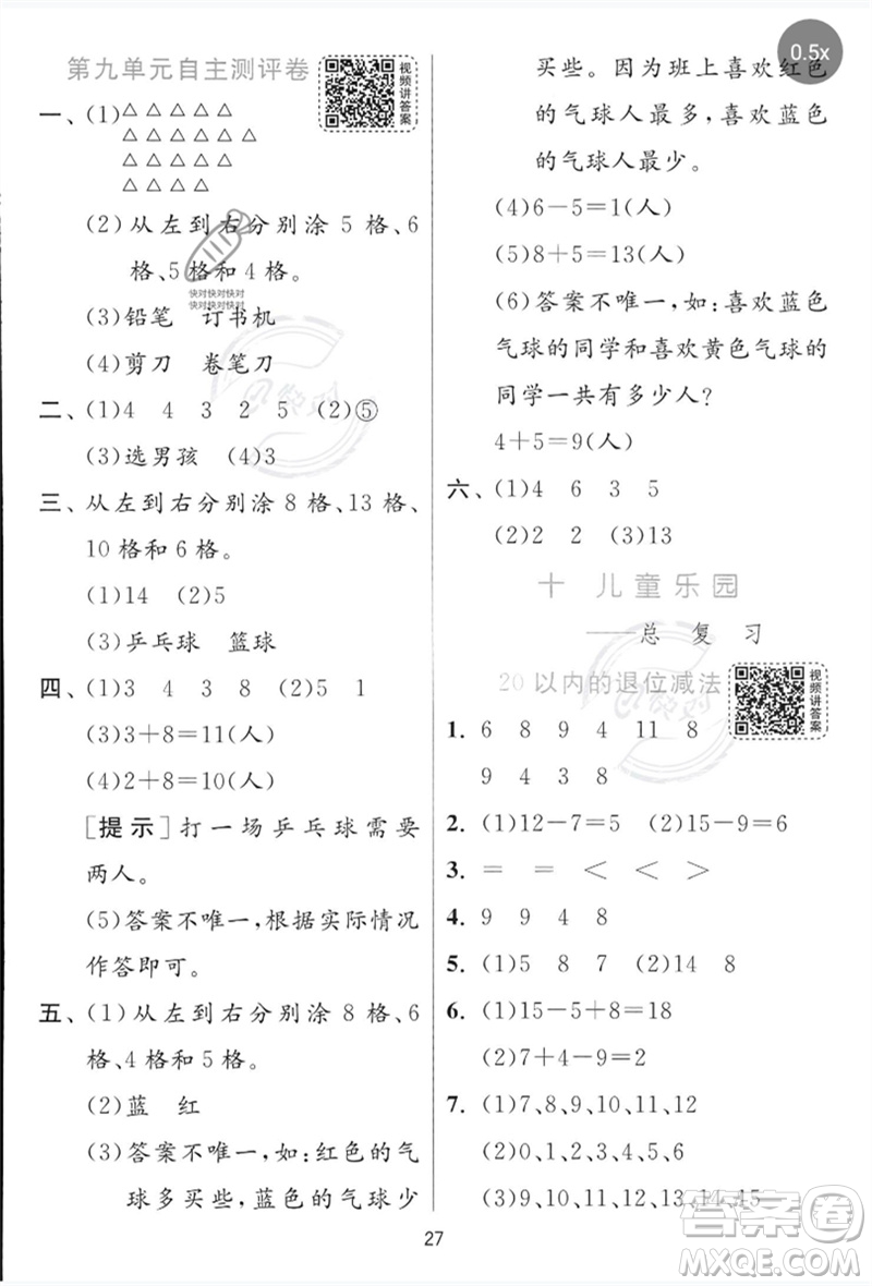 江蘇人民出版社2023實驗班提優(yōu)訓(xùn)練一年級數(shù)學(xué)下冊青島版參考答案