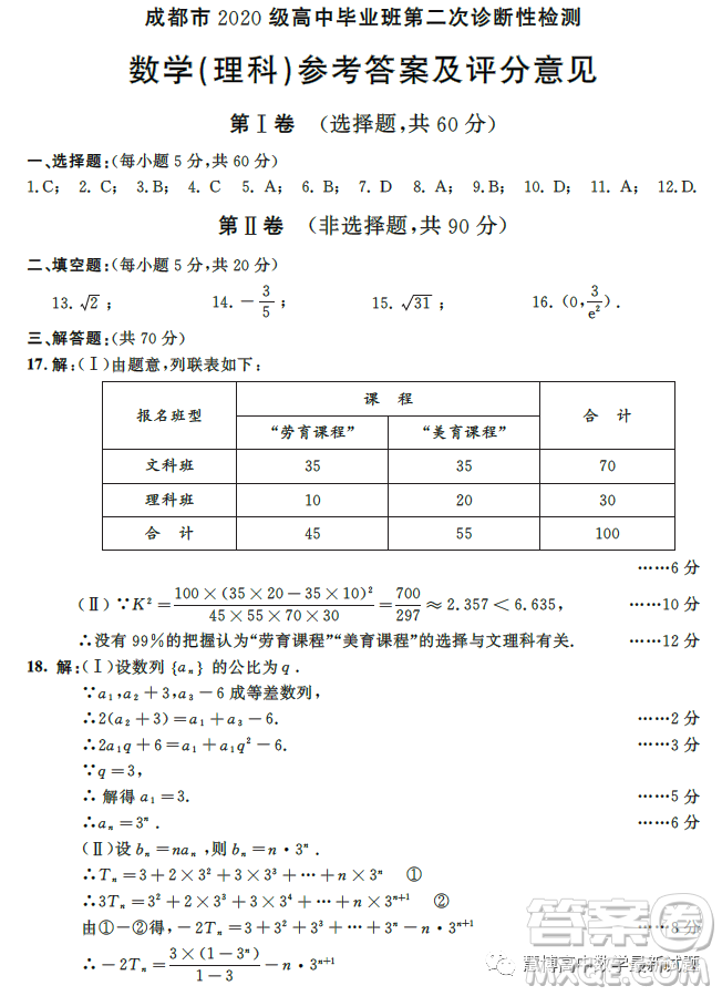 成都市2020級(jí)高中畢業(yè)班第二次診斷性檢測(cè)數(shù)學(xué)理科試卷答案