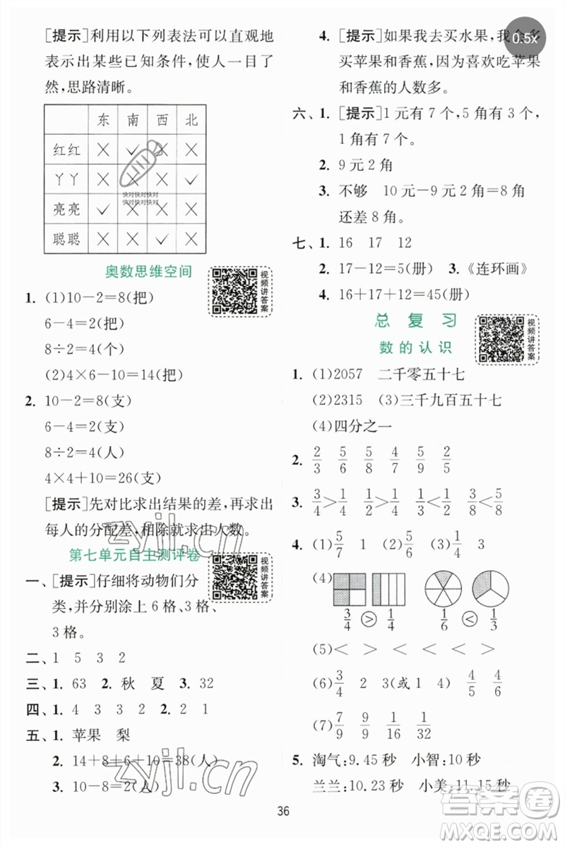 江蘇人民出版社2023實(shí)驗(yàn)班提優(yōu)訓(xùn)練三年級(jí)數(shù)學(xué)下冊(cè)北師大版參考答案