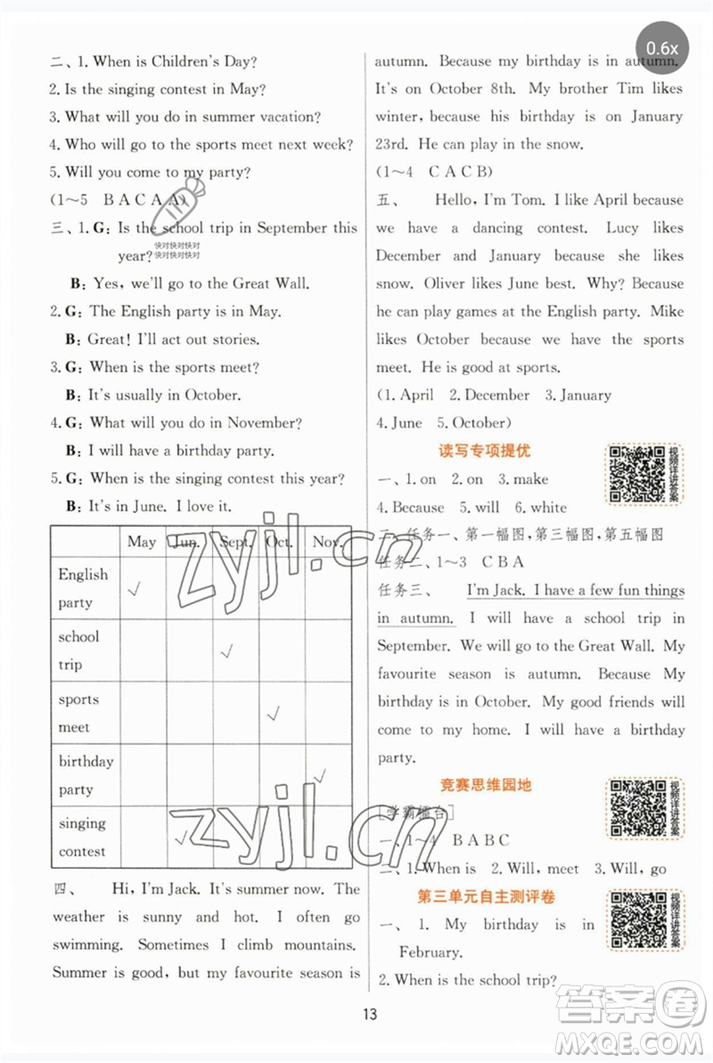 江蘇人民出版社2023實(shí)驗(yàn)班提優(yōu)訓(xùn)練五年級(jí)英語下冊(cè)人教PEP版參考答案