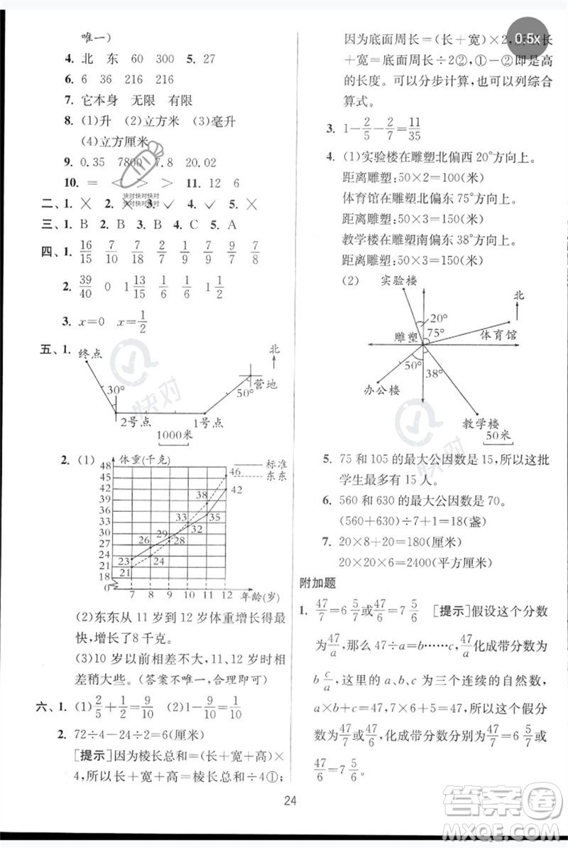 江蘇人民出版社2023實驗班提優(yōu)訓練五年級數(shù)學下冊人教青島版參考答案