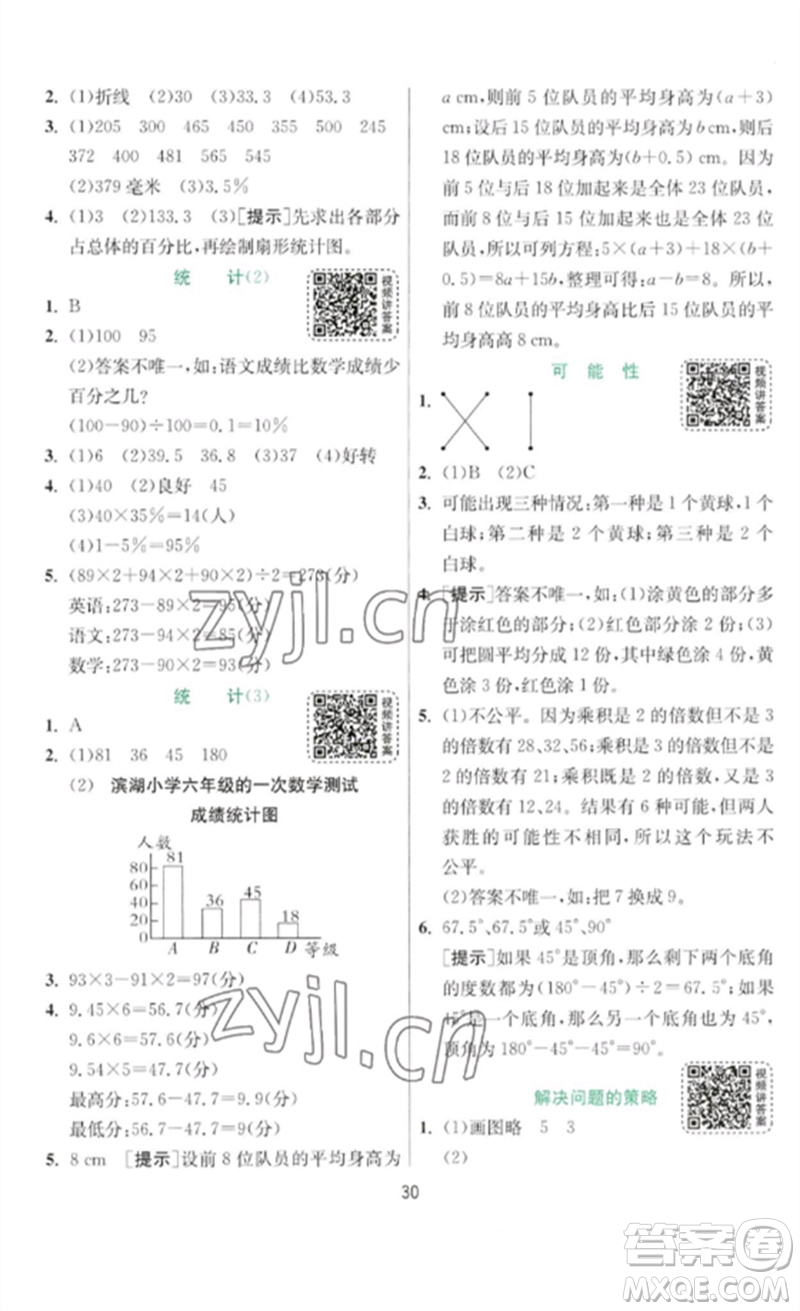 江蘇人民出版社2023實(shí)驗(yàn)班提優(yōu)訓(xùn)練六年級(jí)數(shù)學(xué)下冊(cè)北師大版參考答案