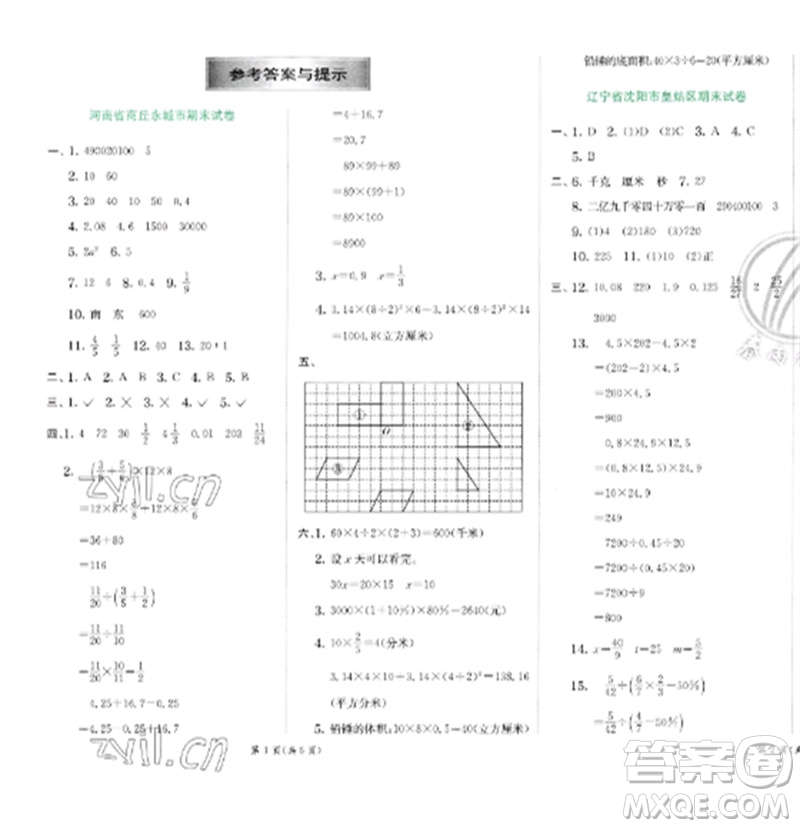 江蘇人民出版社2023實(shí)驗(yàn)班提優(yōu)訓(xùn)練六年級(jí)數(shù)學(xué)下冊(cè)北師大版參考答案