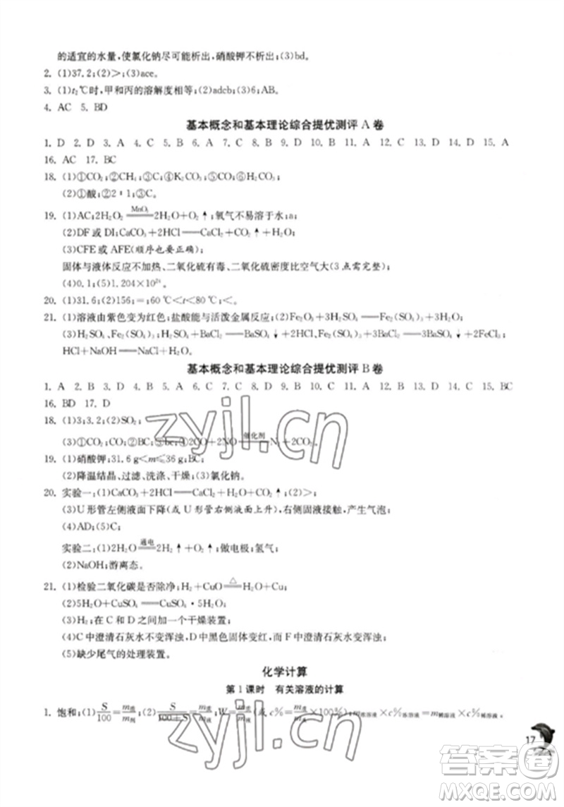 江蘇人民出版社2023實驗班提優(yōu)訓(xùn)練九年級化學(xué)下冊滬教版上海專版參考答案