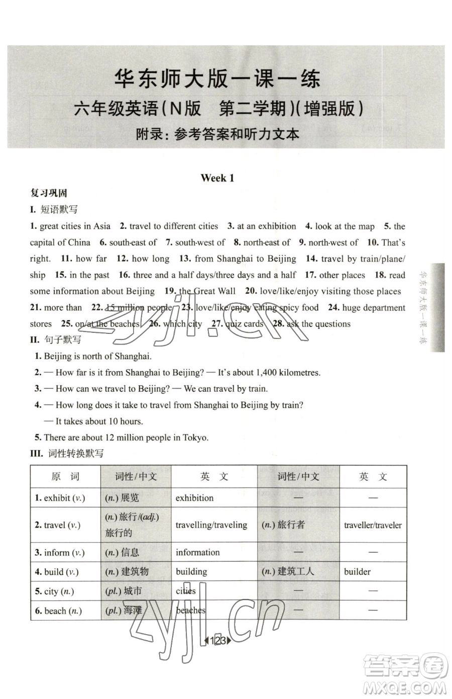 華東師范大學(xué)出版社2023華東師大版一課一練六年級(jí)下冊(cè)英語滬教牛津版增強(qiáng)版參考答案