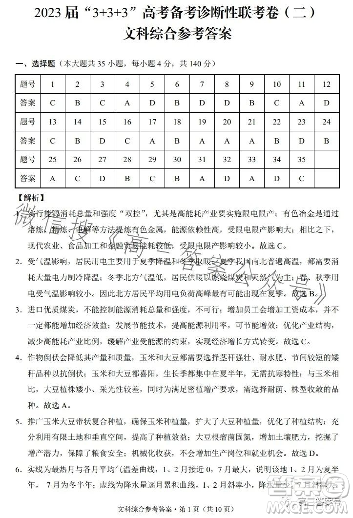 2023屆3+3+3高考備考診斷性聯(lián)考卷二文科綜合試卷答案